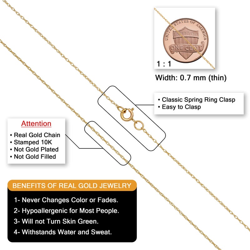 Kooljewelry Womens Classic Rope Chain - 10k Yellow Gold Barely-There Necklace, Thin Lightweight - Image 2